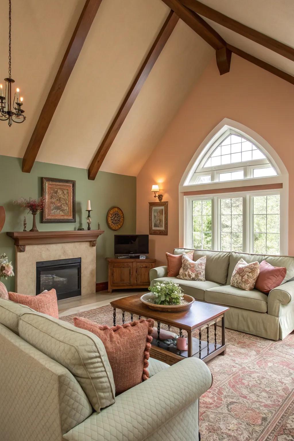 A warm palette creates coziness in a high ceiling room.