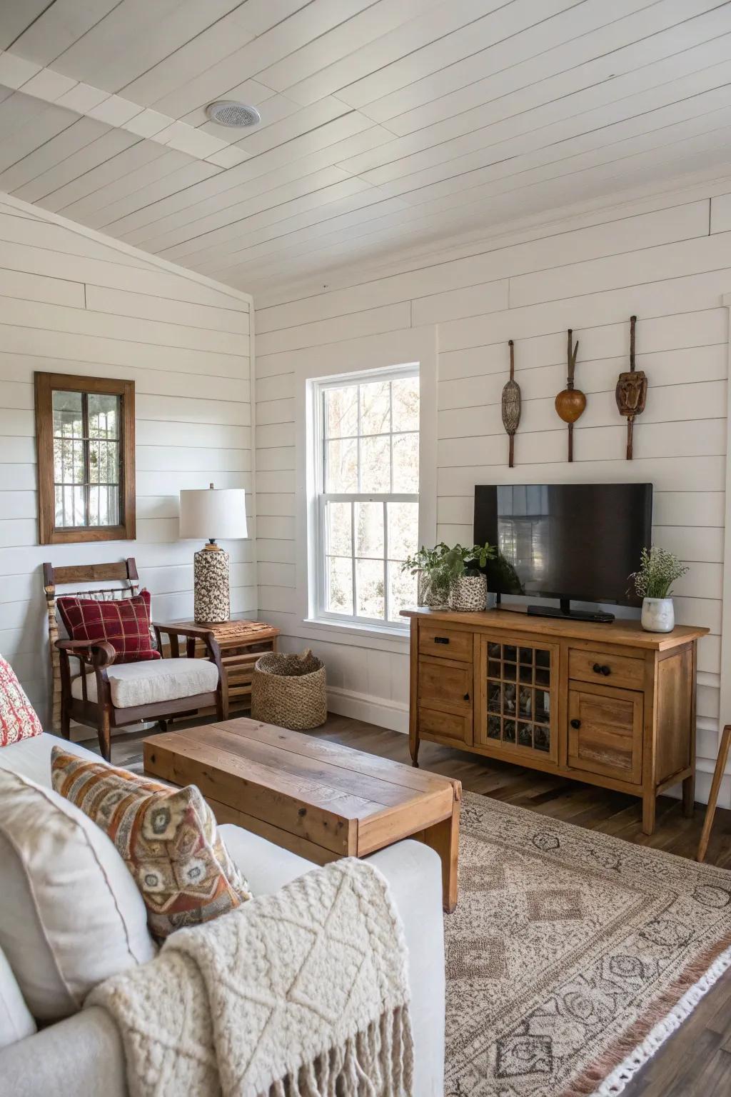 White shiplap walls provide rustic charm and warmth.