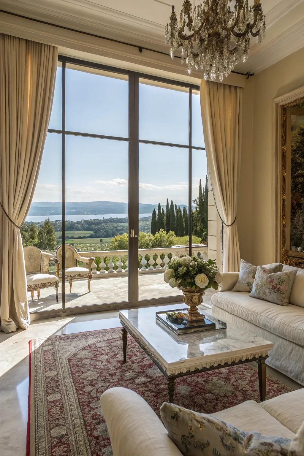 Window expanses fabricating an expansive, airy sensation in the living space.