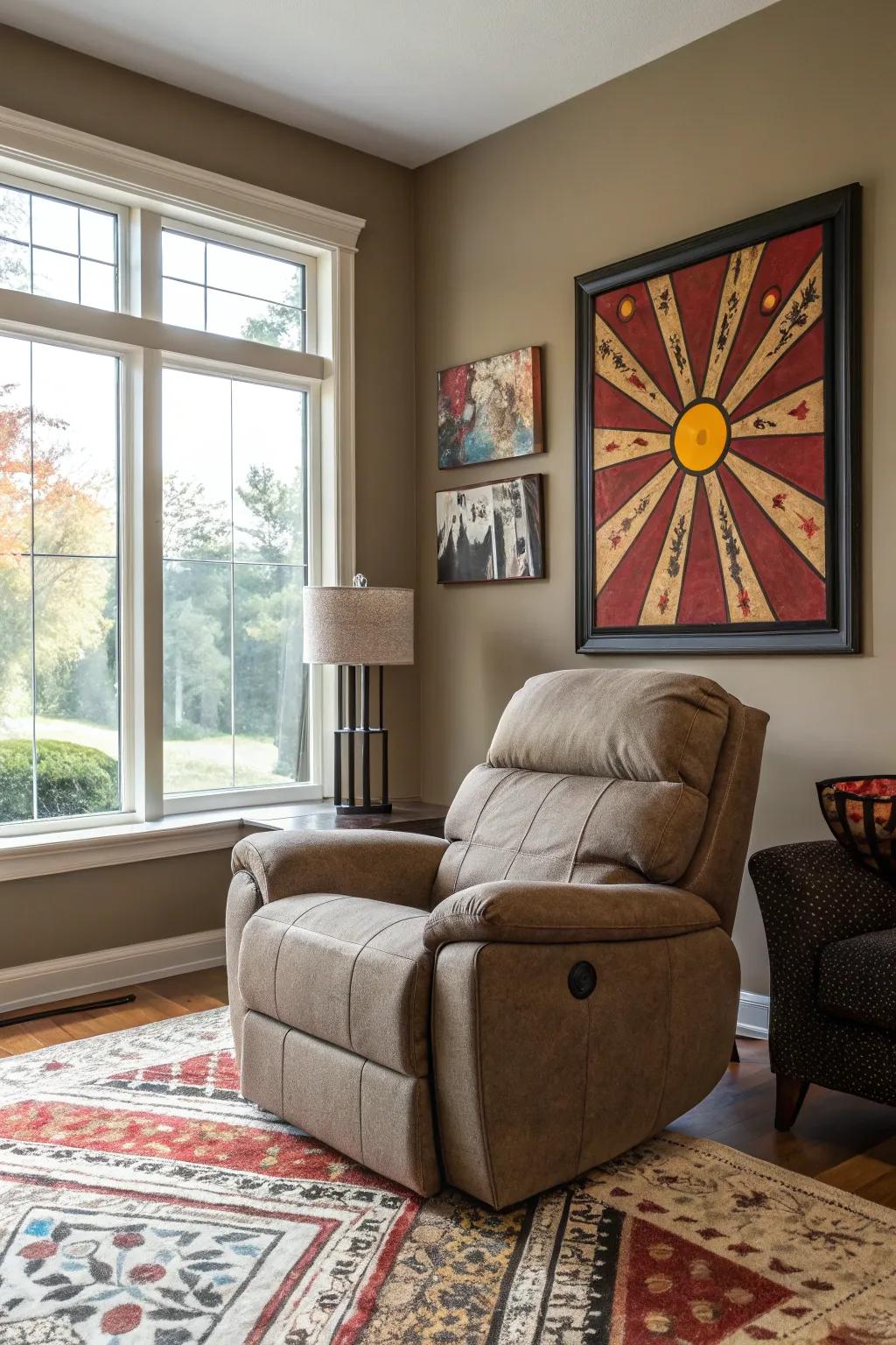 A fashionable living room featuring a statement piece of art above the recliner.