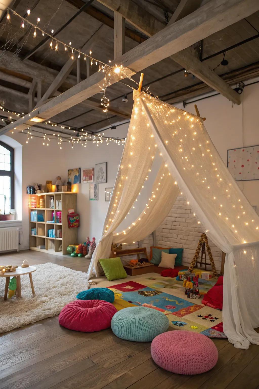 A light-strand covering adds a touch of magic to the playroom.