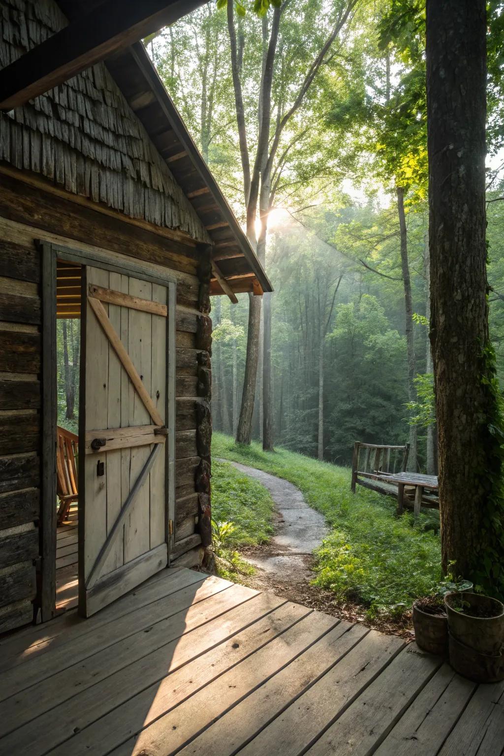 A log cabin featuring a countryside sliding barn doorway.