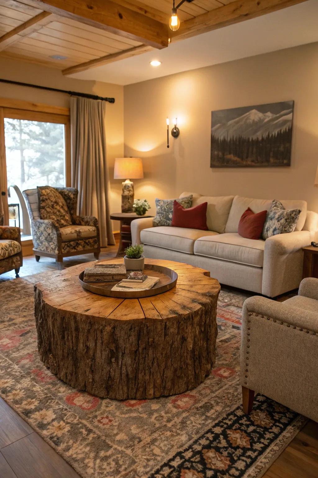 A noticeable log coffee table as the highlight of a living room.