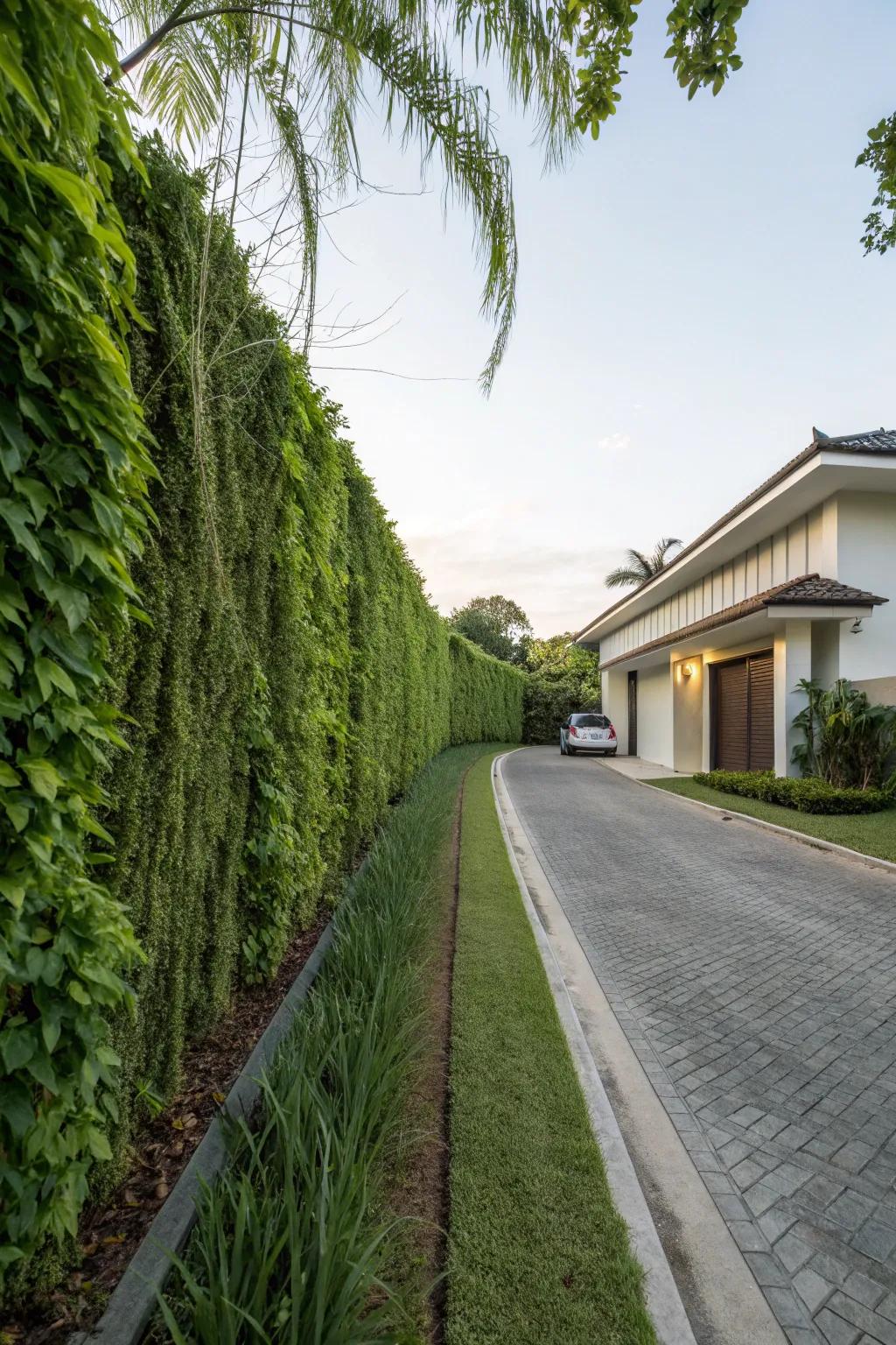 A vertical garden adds a lush, green touch to the driveway landscape.