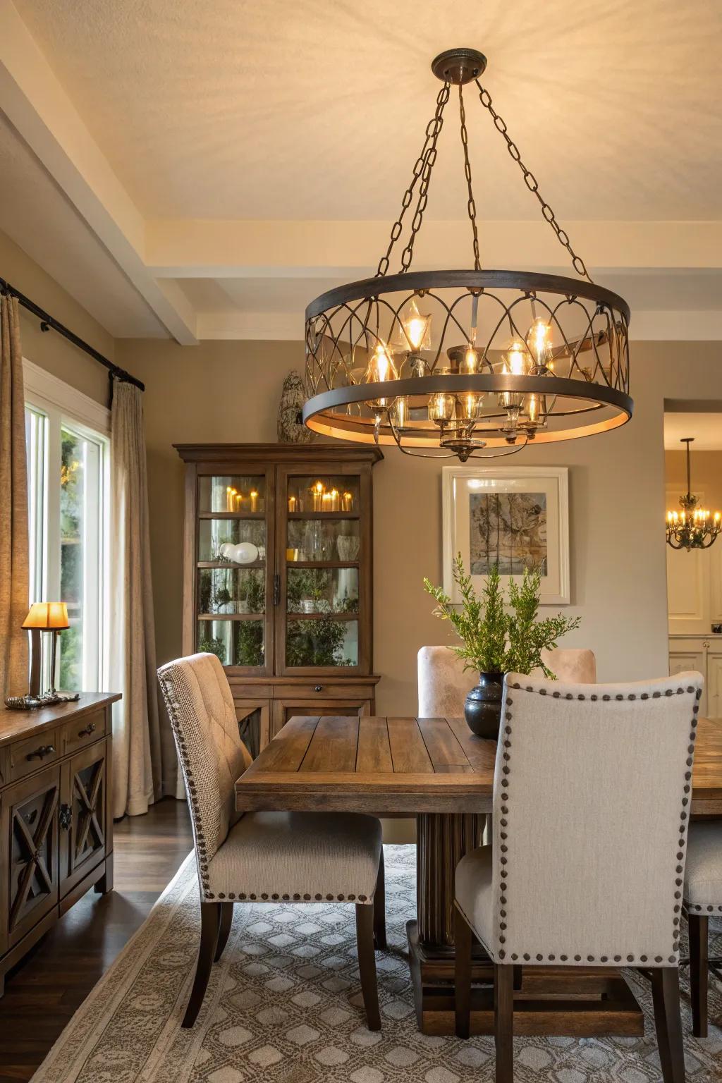 A mixed metal fitting adding texture in a dining space.