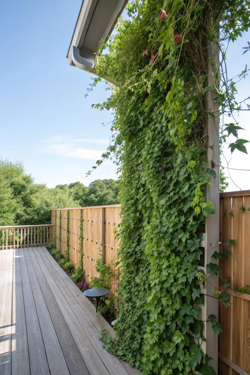 A vertical garden showcasing climbing vegetation elevating the deck expanse.