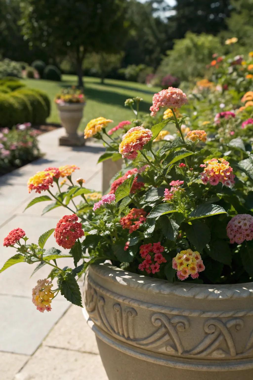 Lantana contributing vibrant clusters in full sunlight.