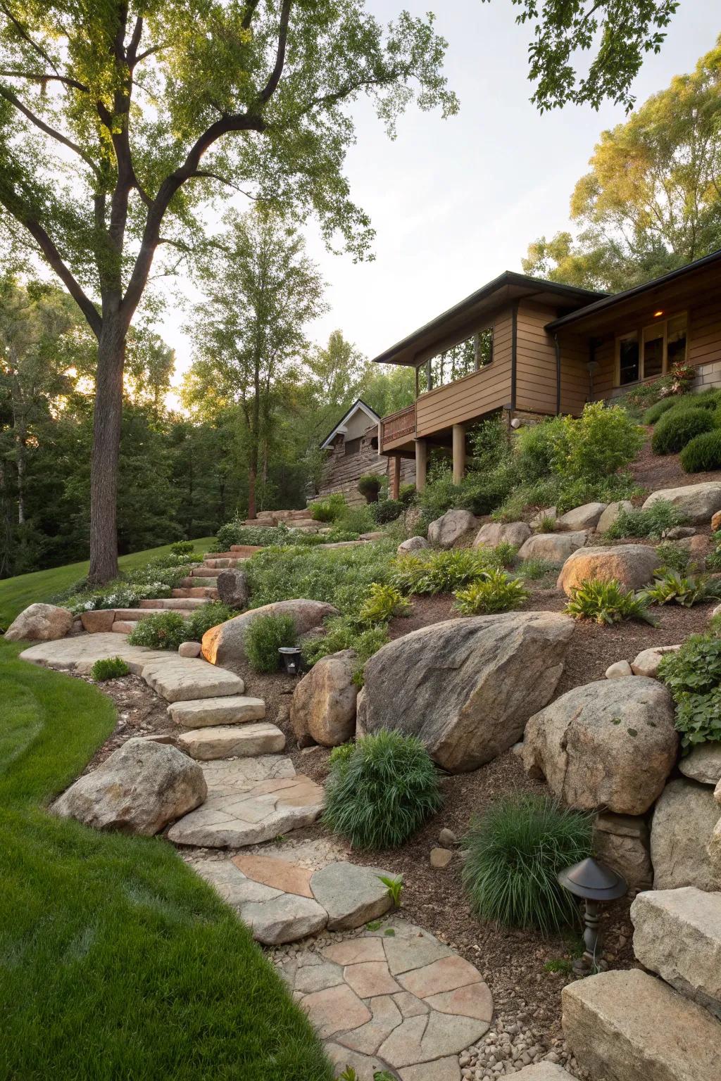 Genuine stone attributes elevate the rustic charm originating from sloping gardens.