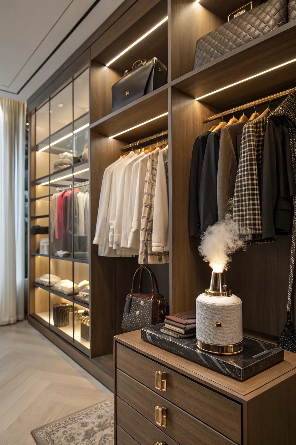 A diffuser imbuing a signature scent to the high-end closet.