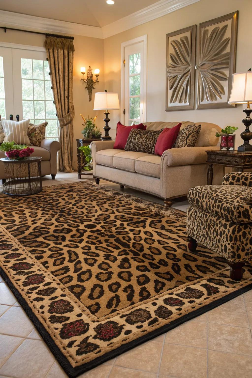 A creature print rug makes a bold statement in this chic living space.