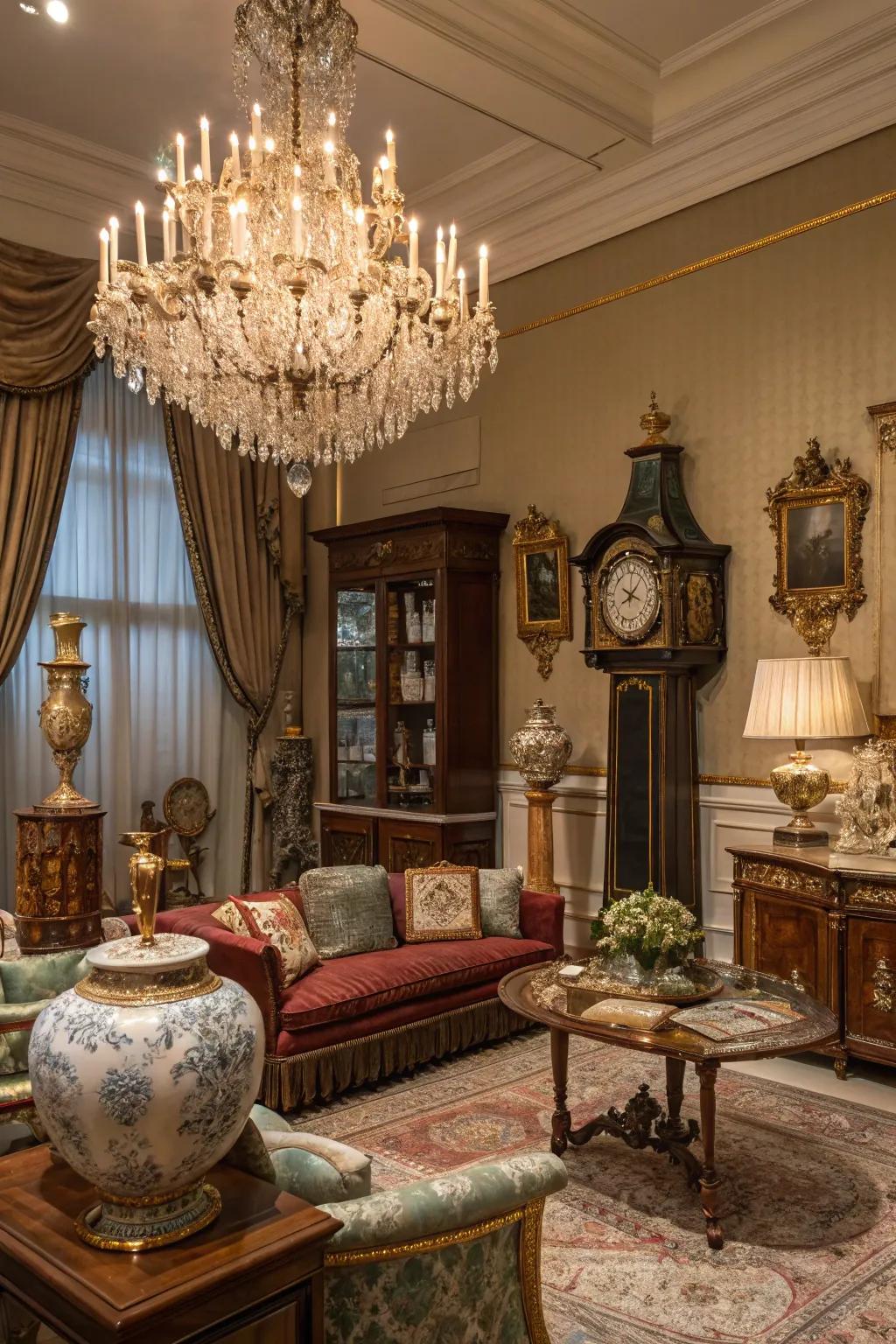 Family treasures add a personal and historical touch to this lavish living room.