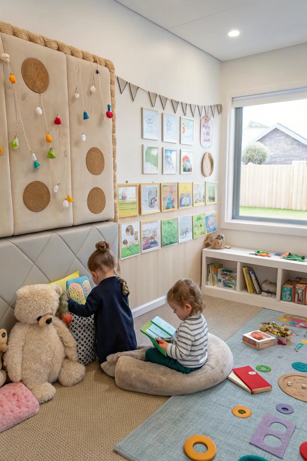 A nursery with things to play with, including a sensory wall for exploring by touch.