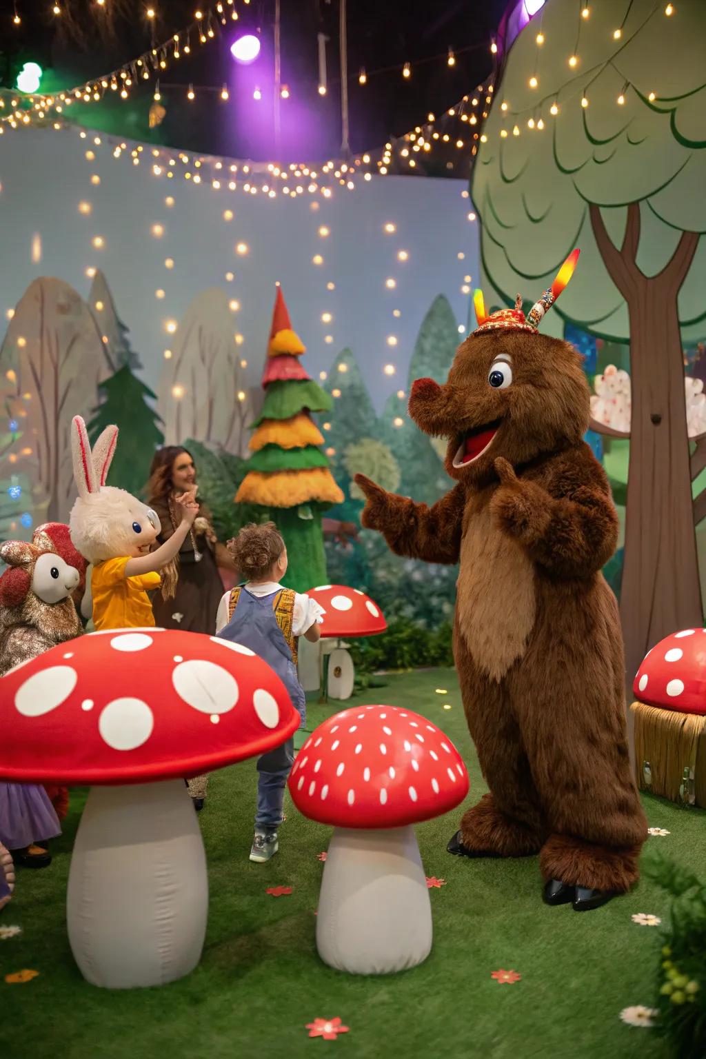 Enchanted being props like exaggerated fungus introduce fantasy to the celebration decor.