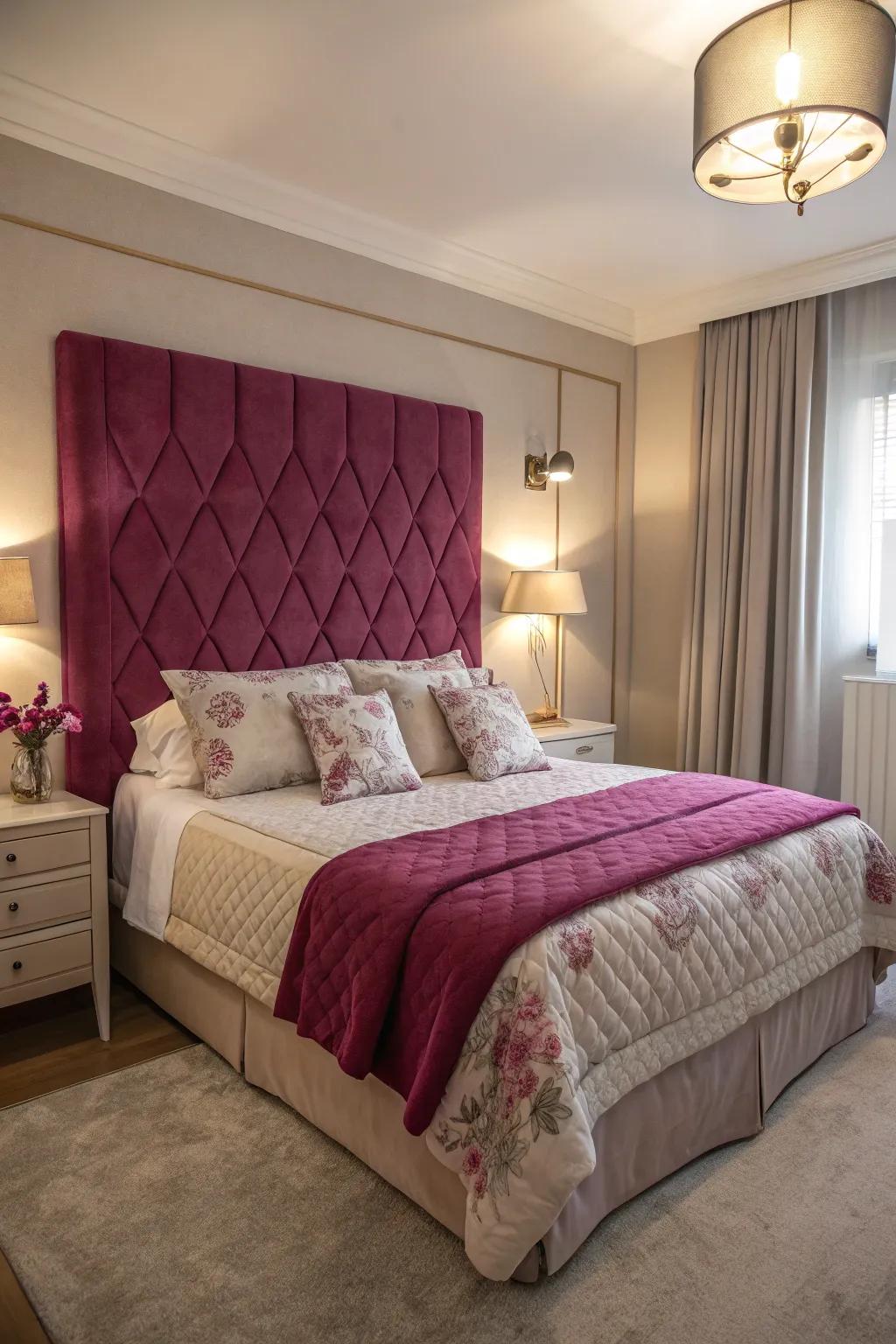 A fuchsia headboard makes a bold statement in this elegant bedroom.