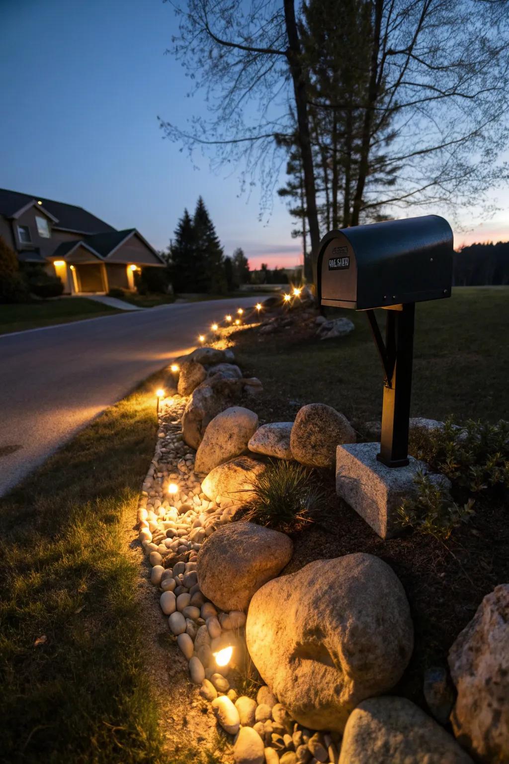 Solar lights among stones fashion a magical evening glow.