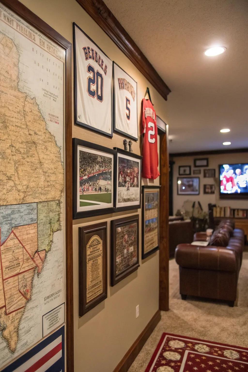 Themed wall art adds a personal touch to the man cave.