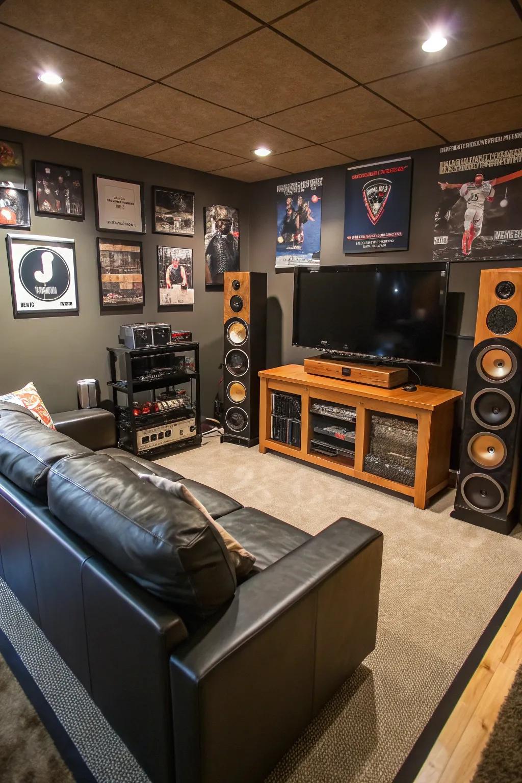 An individualized auditory excursion cultivates an atmosphere marked by immersion within this man cave.