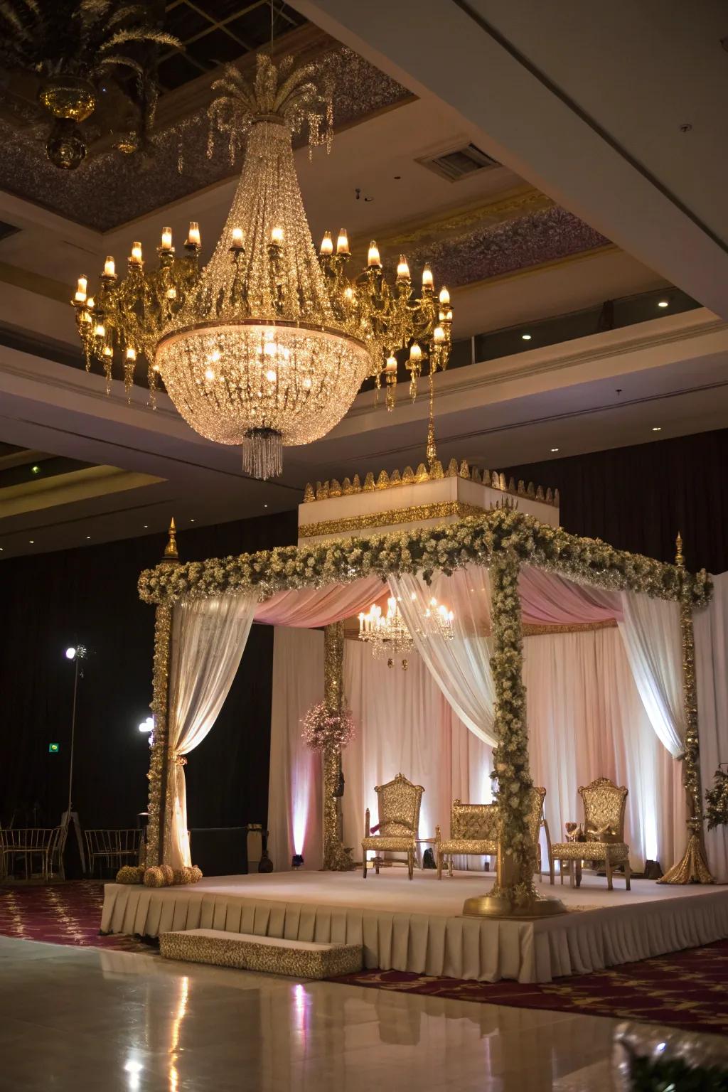 Glass light fixture lighting contributes elegance and glamour to a mandap.