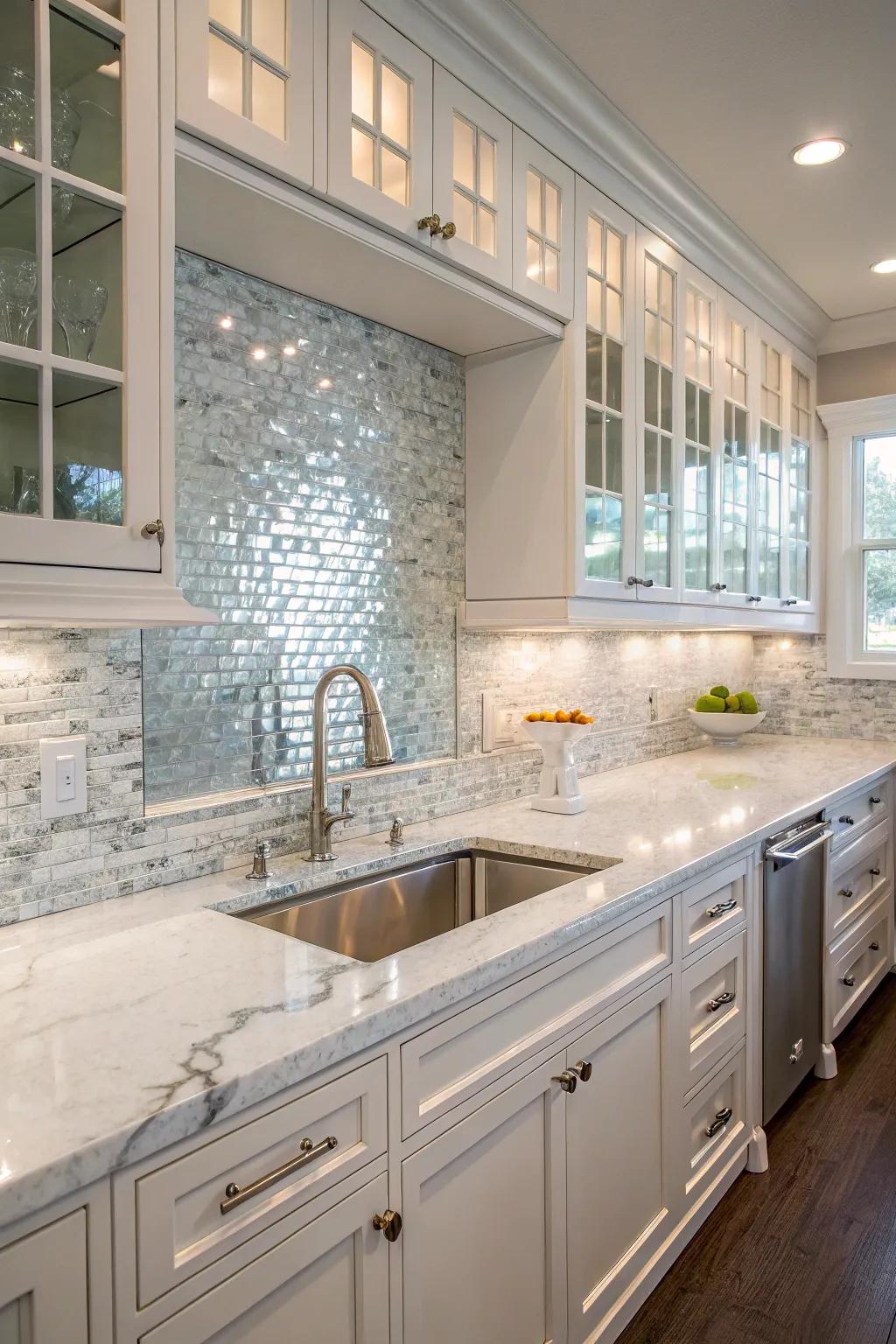 A sophisticated kitchen with a fusion of marble and glass squares.