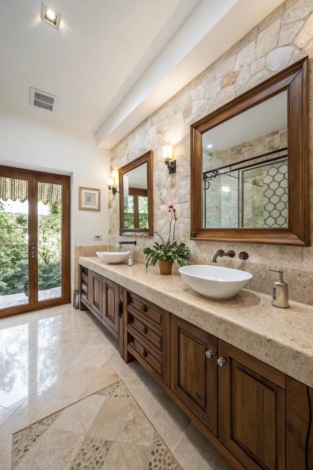 Inherent mineral stone adds a timeless appeal in the bathroom.