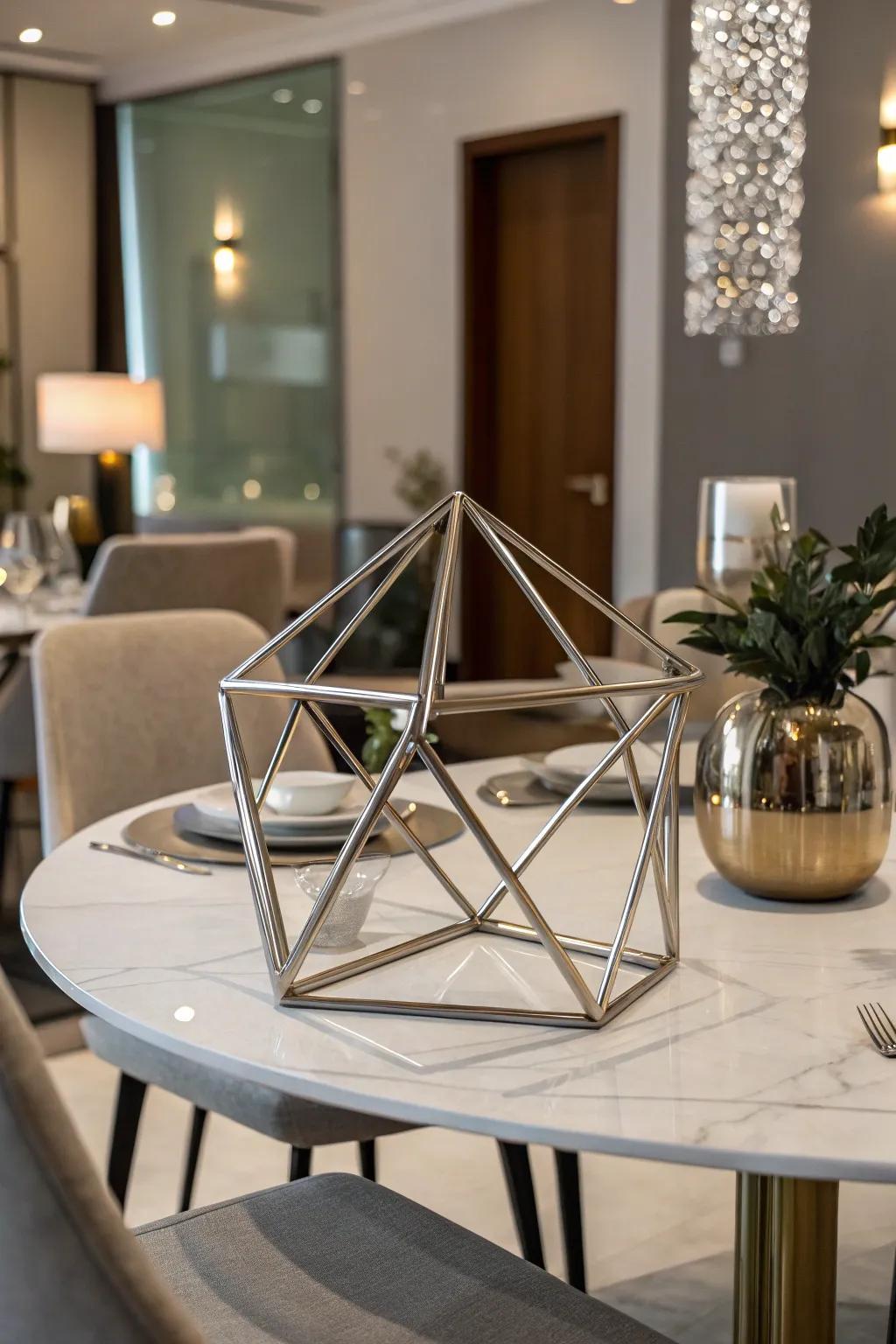 A geometric sculpture adds an artistic and modern touch.