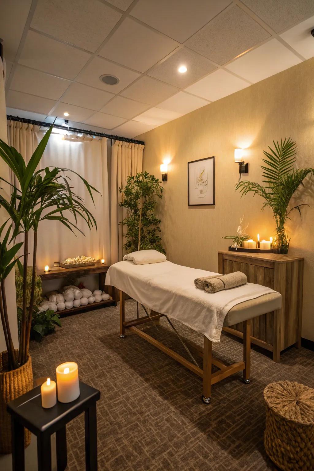 A well-arranged massage room that balances space and coziness.