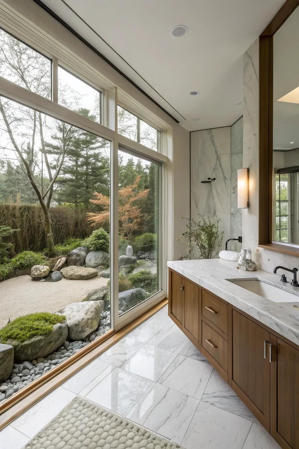 A Zen garden vista elevates the tranquility of this primary bathroom.