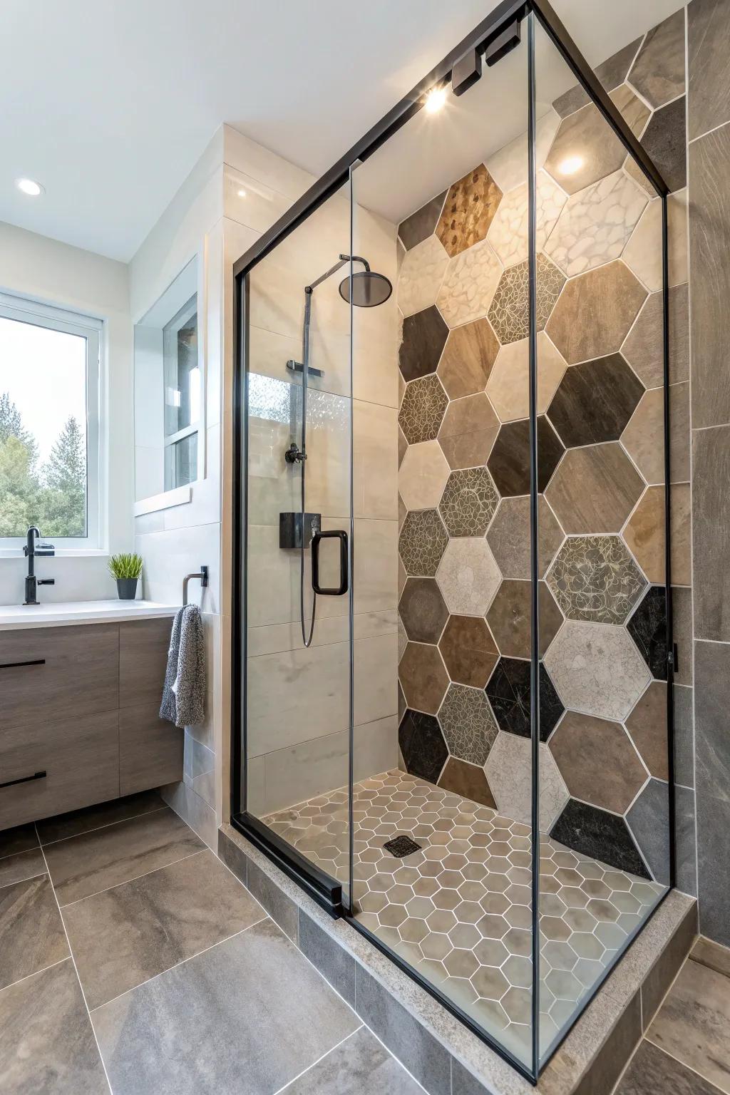 A shower showcasing innovative hexagonal tiling for a fresh, stylish style.