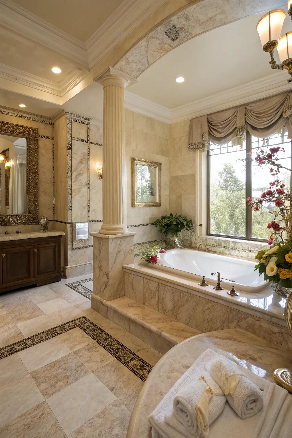 The bathroom exudes an opulent and classic feel thanks to the use of high-end materials.