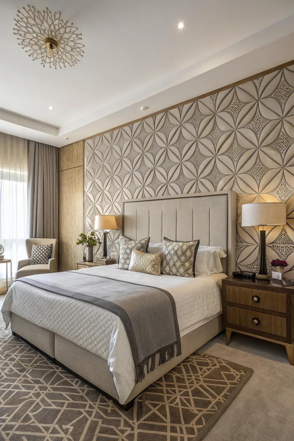 Geometric designs add modern dynamism to your headboard arrangement.