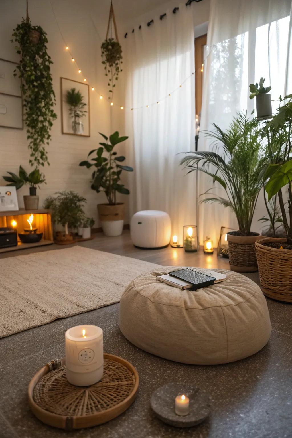 A meditation room with ambient nature sounds.