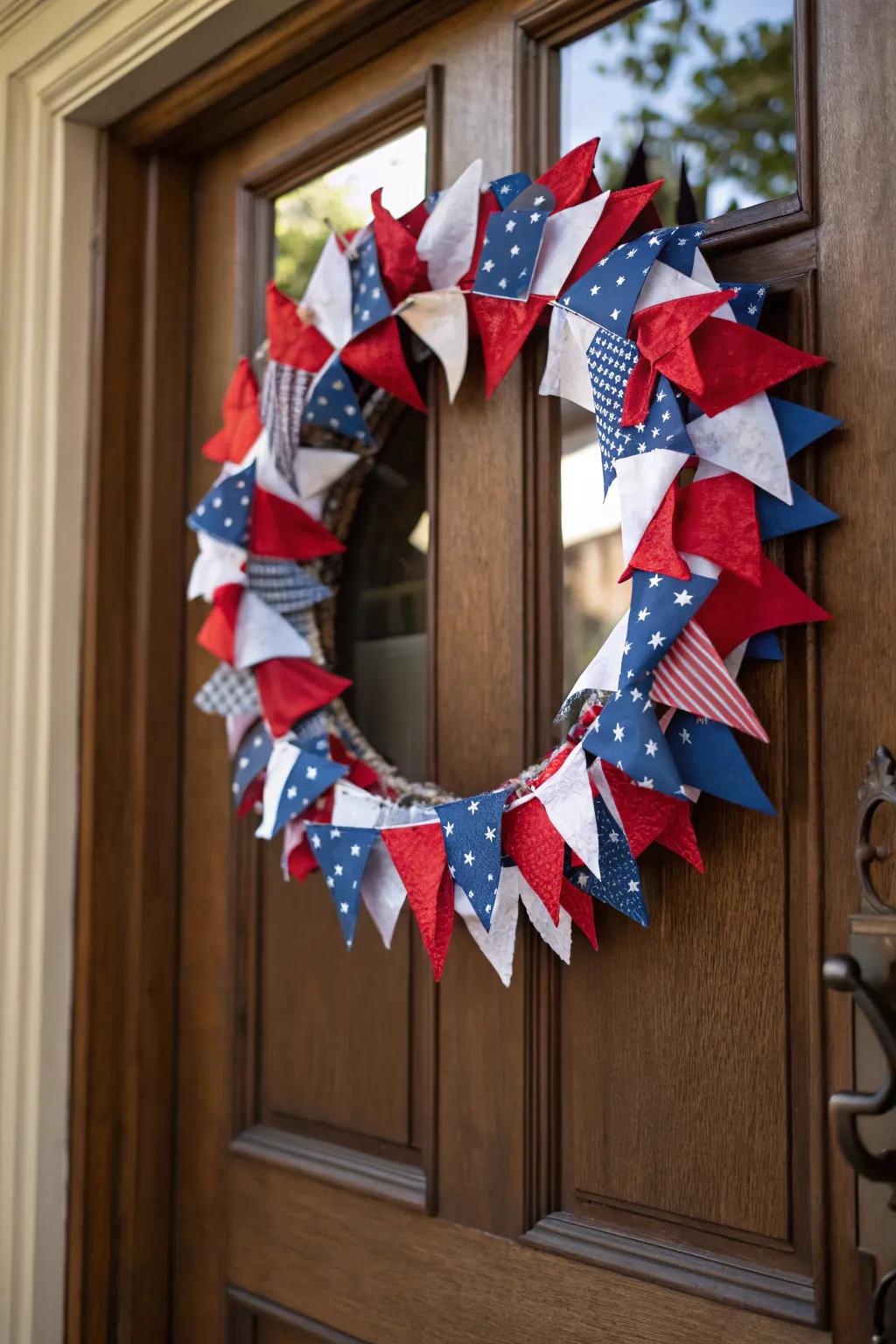 A striking display with material flags on a wreath.