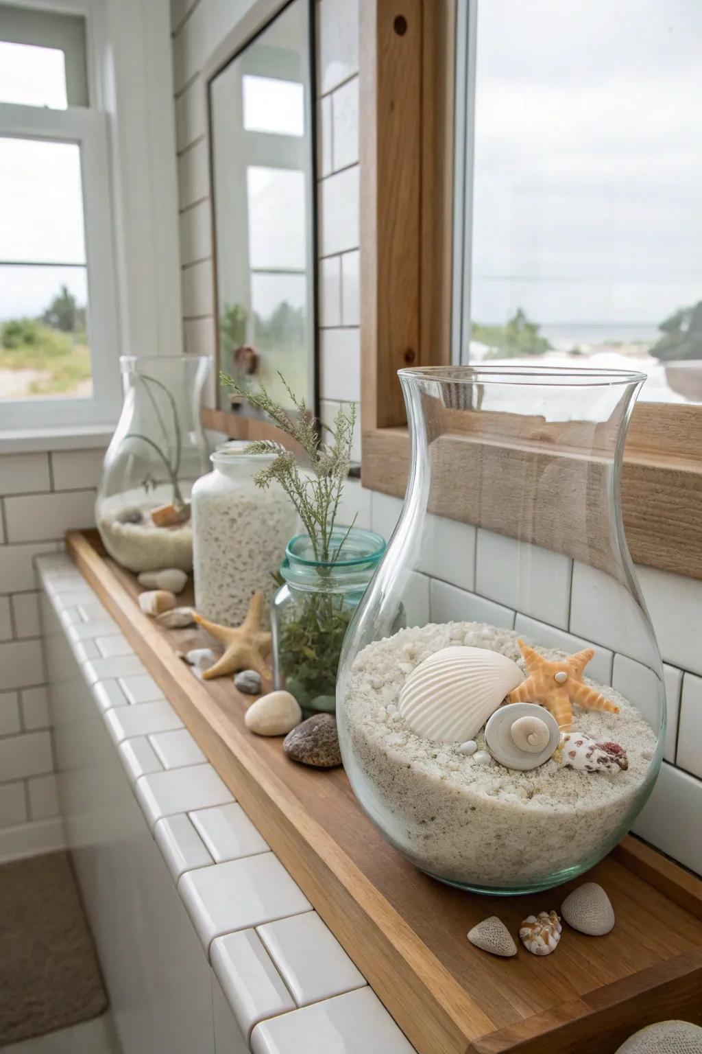 Sea glass containers contribute a delicate coastal elegance to the space.