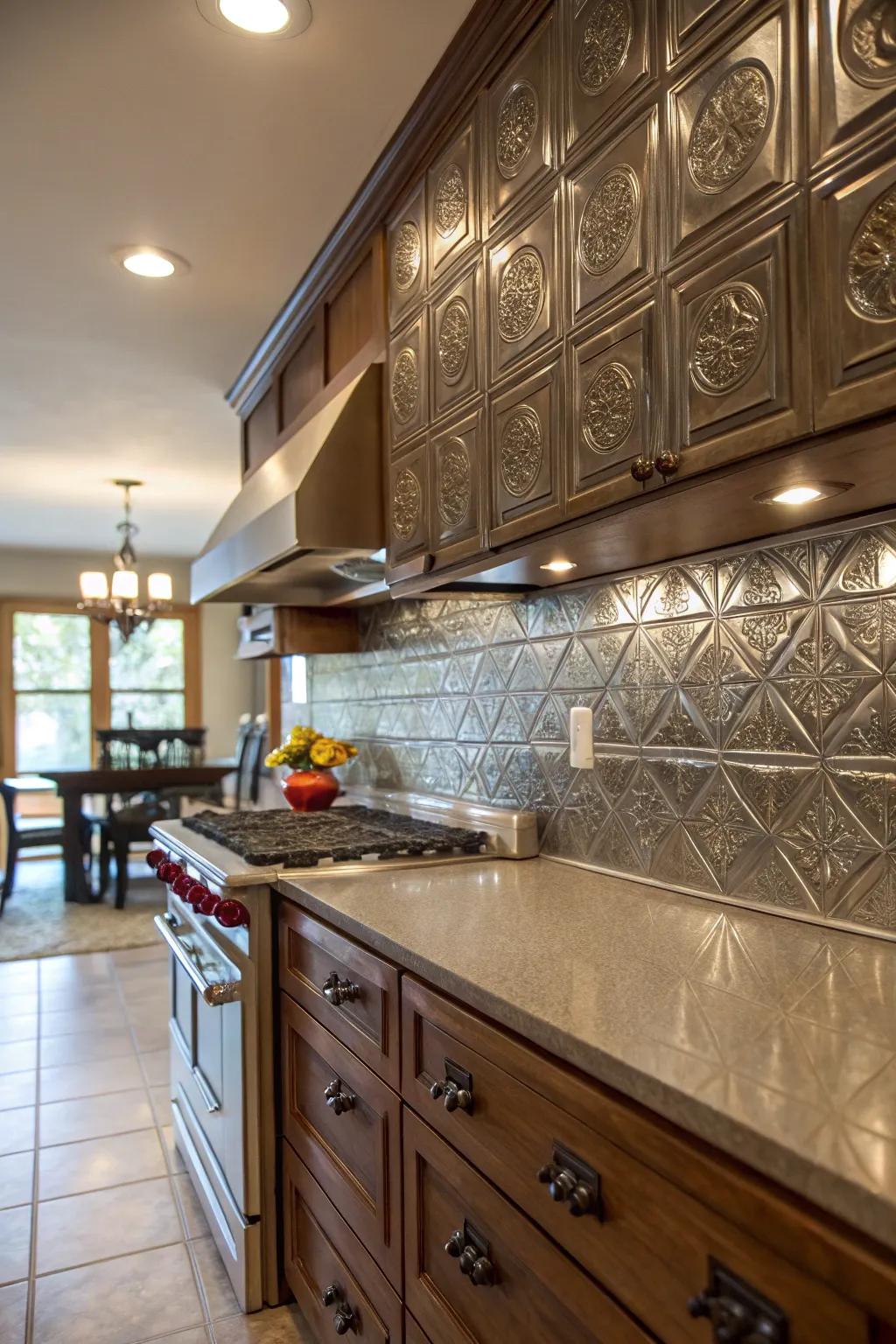 A kitchen showcasing a classic tin metallic backsplash.