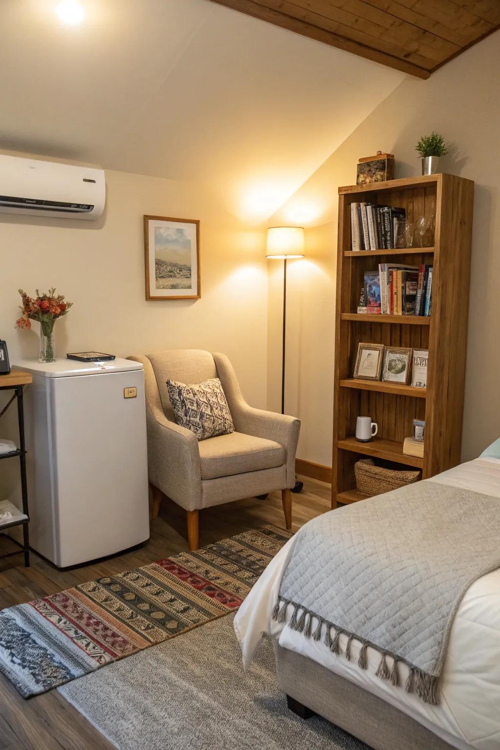 A tech-free zone in a bedroom featuring a small refrigerator and a cozy reading nook.