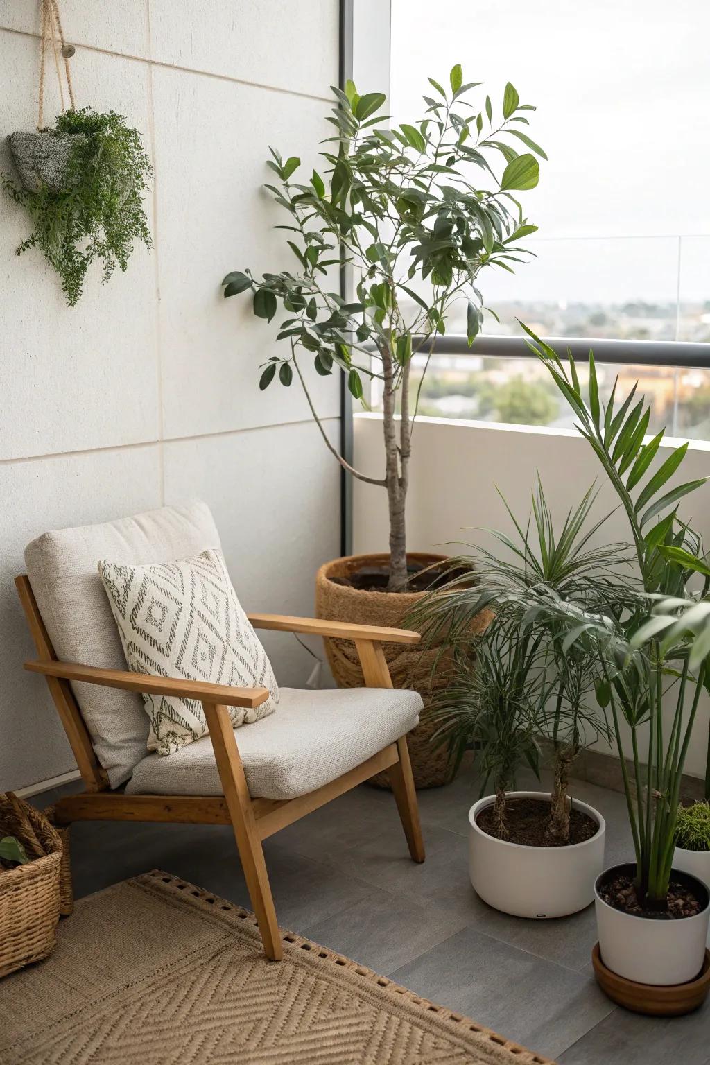 A tranquil Zen nook featuring minimalist design and lavish flora.