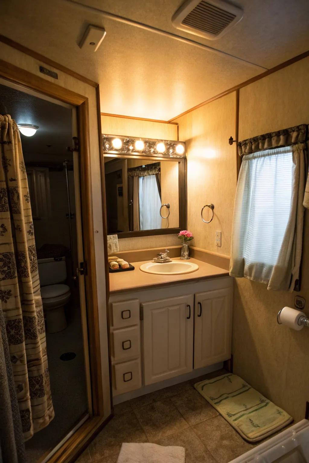 Under-cabinet lighting adds a warm and inviting atmosphere to this bathroom.