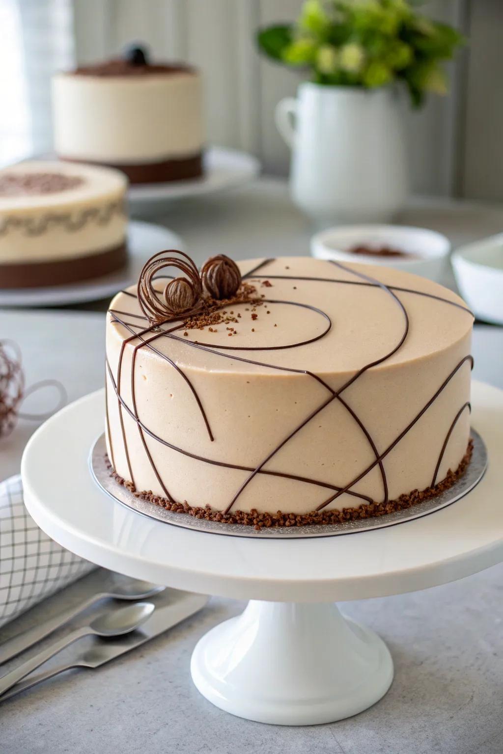 Sparse cocoa layout for an elegant mocha cake presentation.
