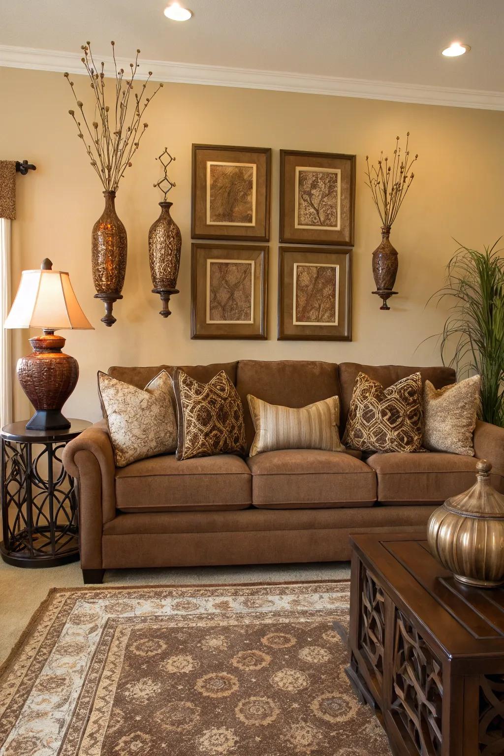 Symmetrical components fashion a balanced and harmonious area near the chocolate-brown sofa.