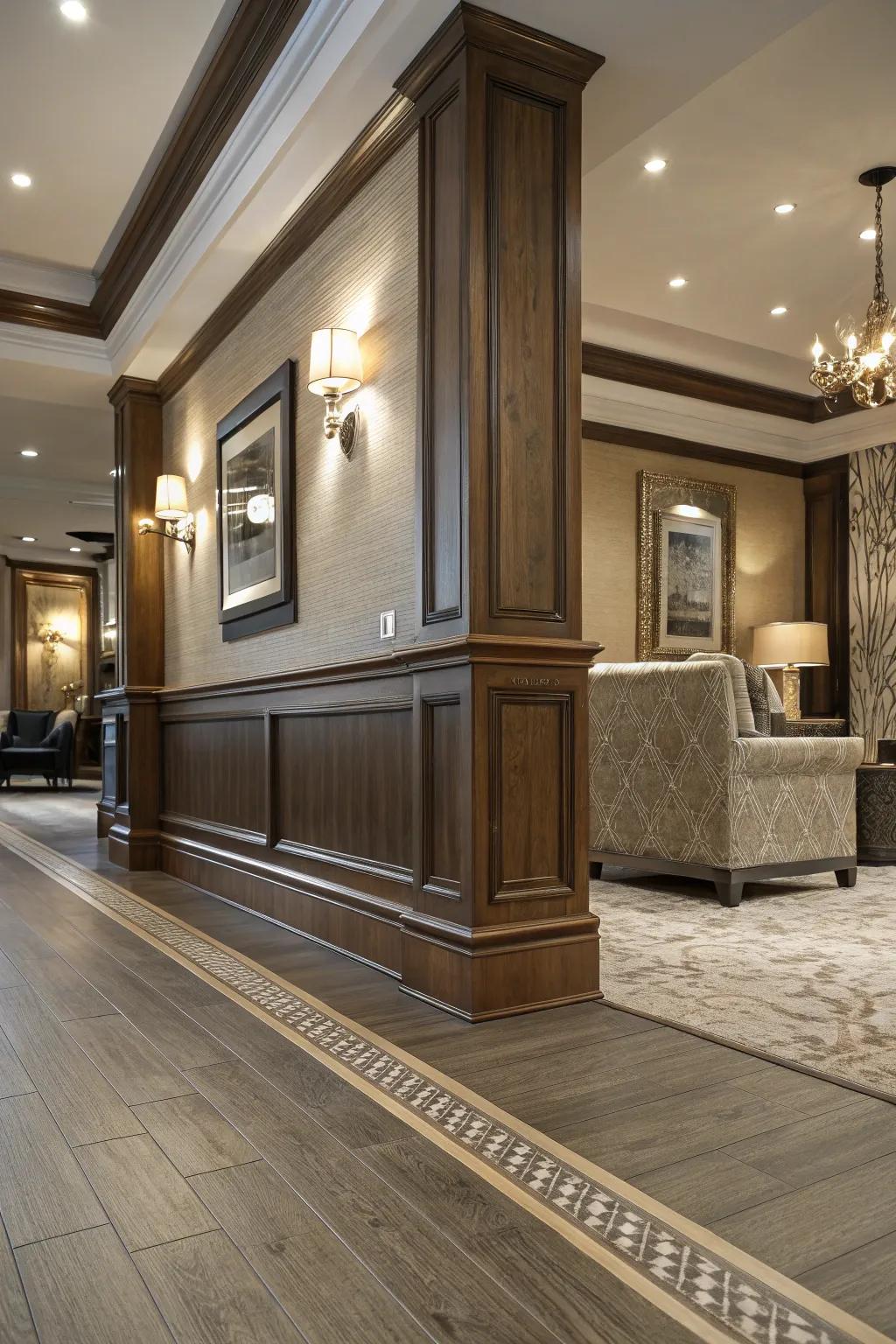 Baseboards exhibiting material variance, imparting a bespoke nuance.