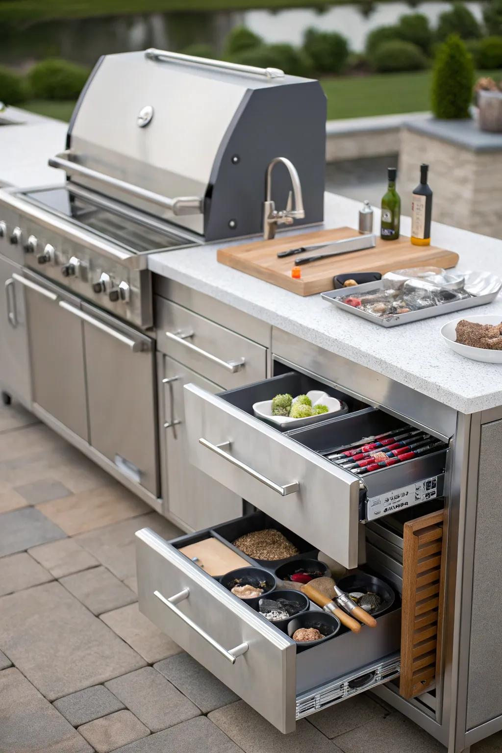 Smart storage solutions maintain your BBQ island organized.