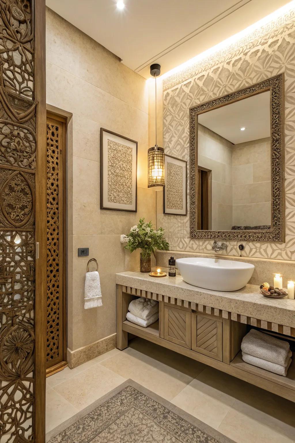 Combining cultures can bring a unique twist to any contemporary beige bathroom.