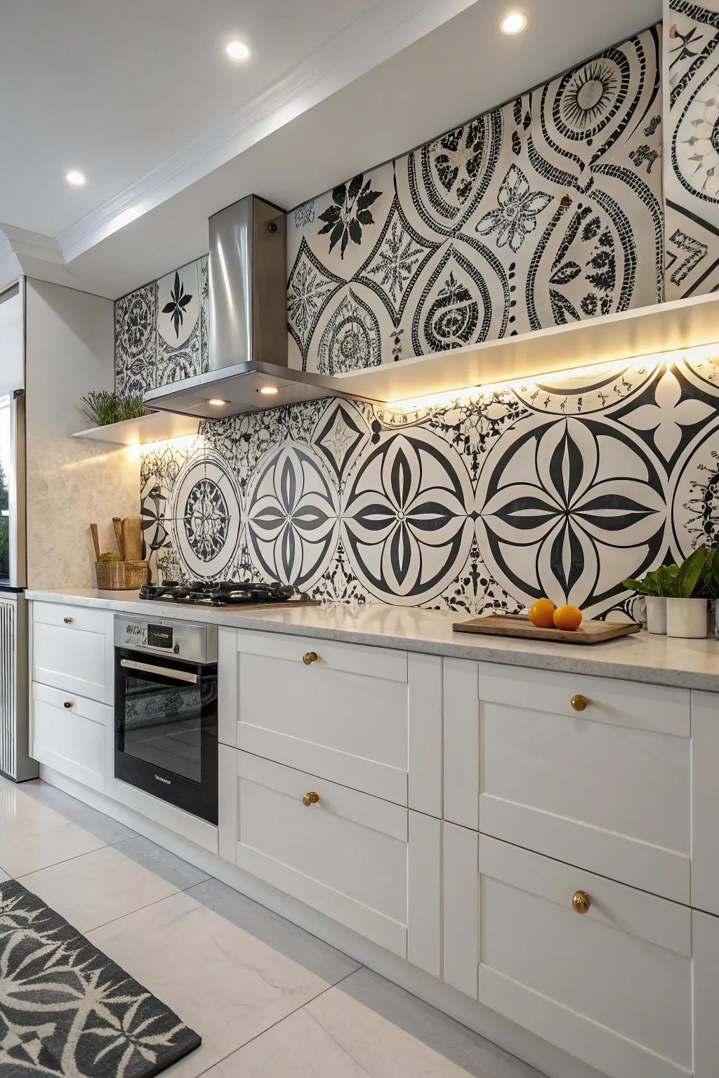 Non-representational designs transform the backsplash into a piece of art.