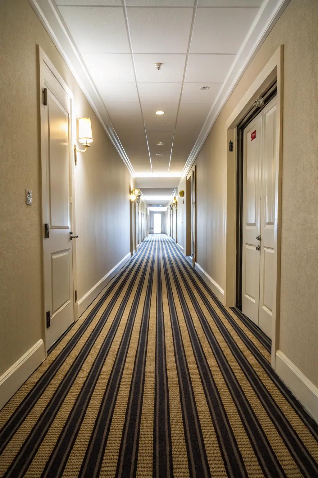 Hallway featuring a stripped carpet for a visually extended effect