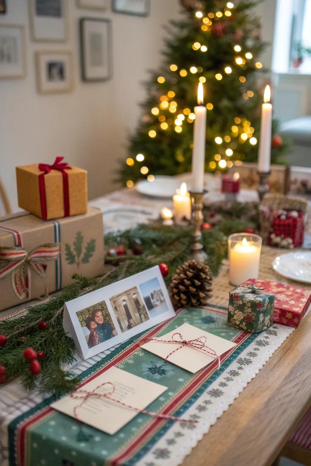 A personalized table setting with homemade location markers and gifts.