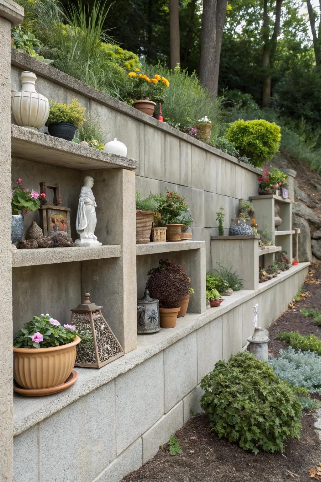 Concrete wall exhibiting integrated shelves designed for decor.