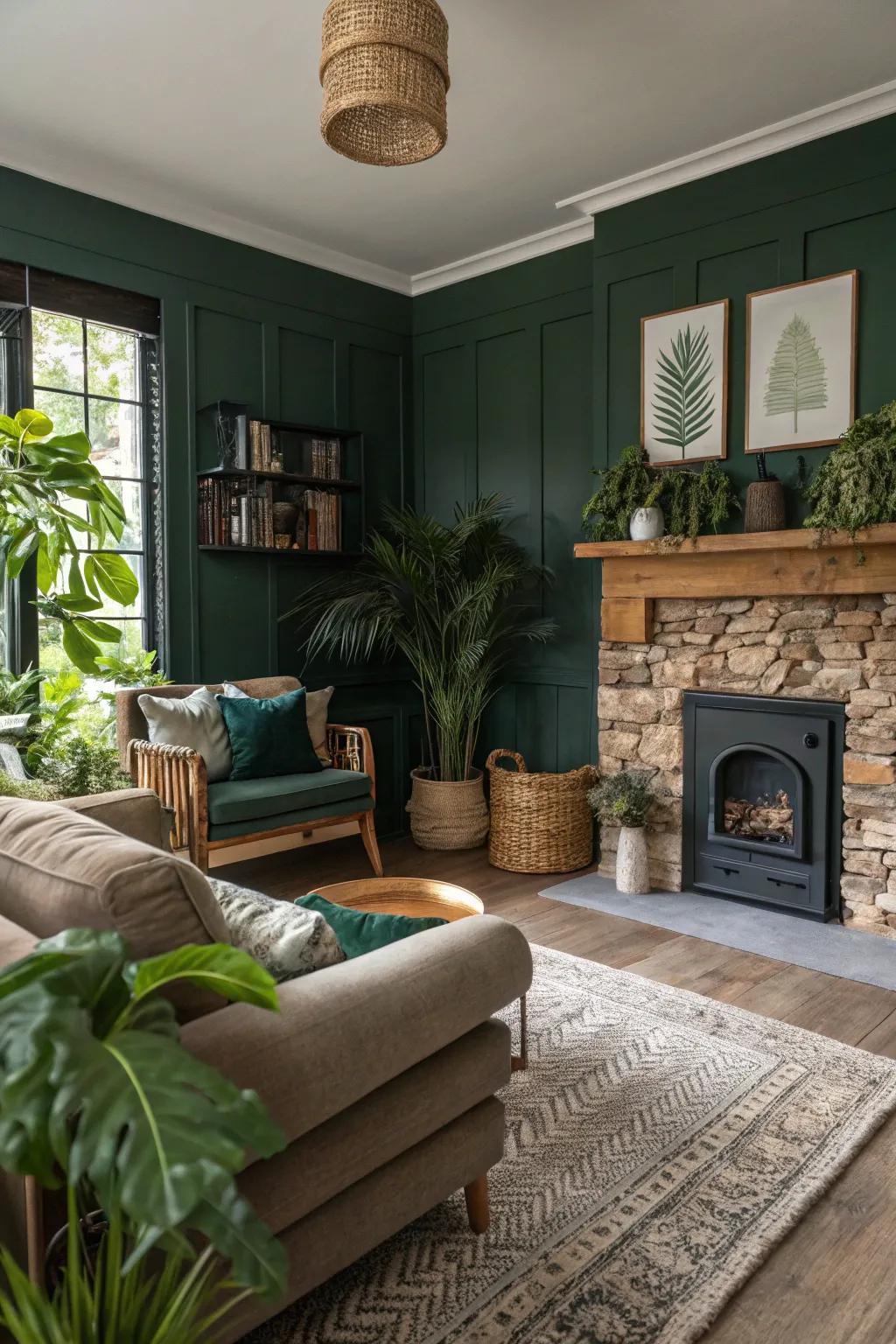 Biophilic design elements enhance the tranquility of a deep green living room.