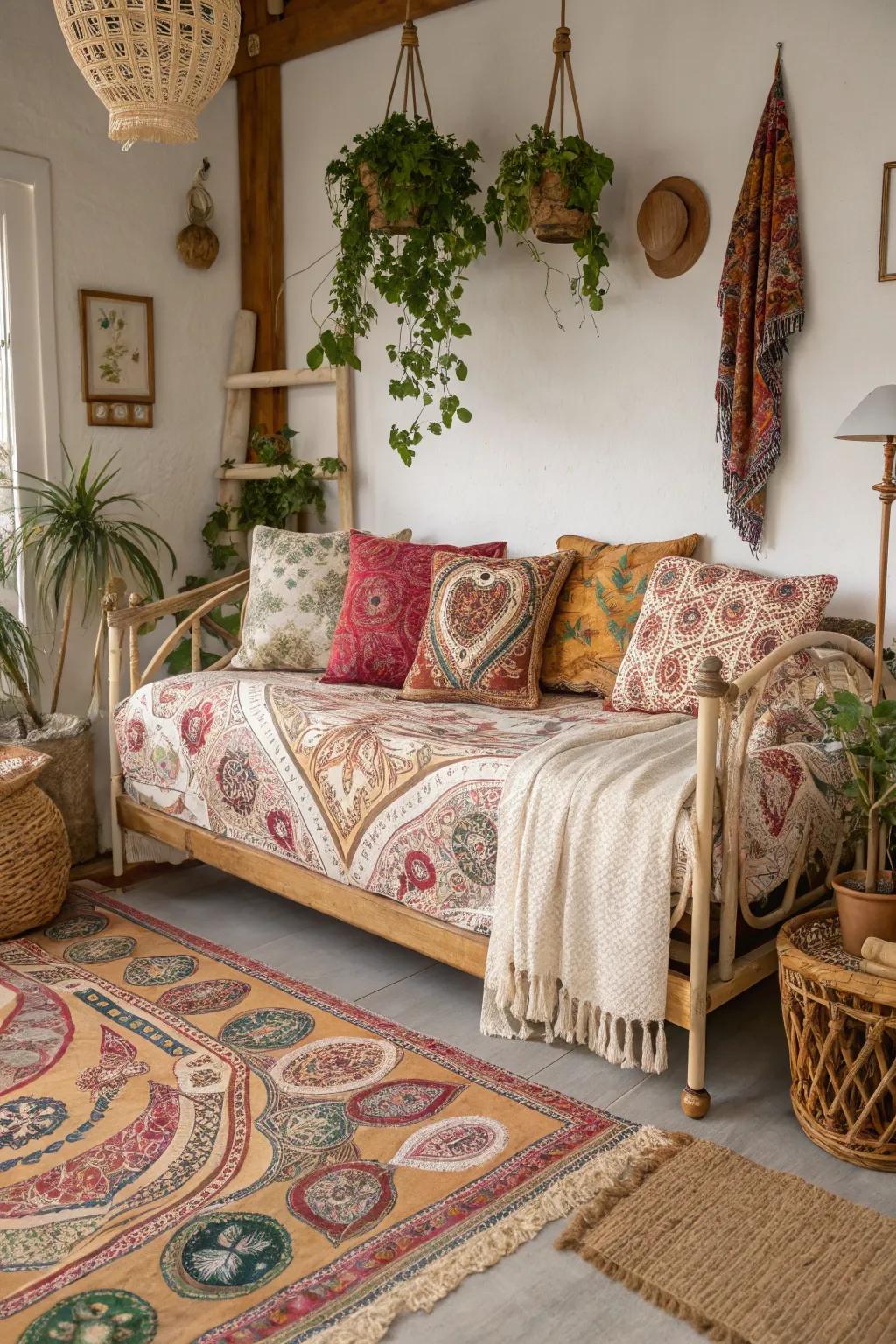 Patterns add a boho style and fullness to a daybed.