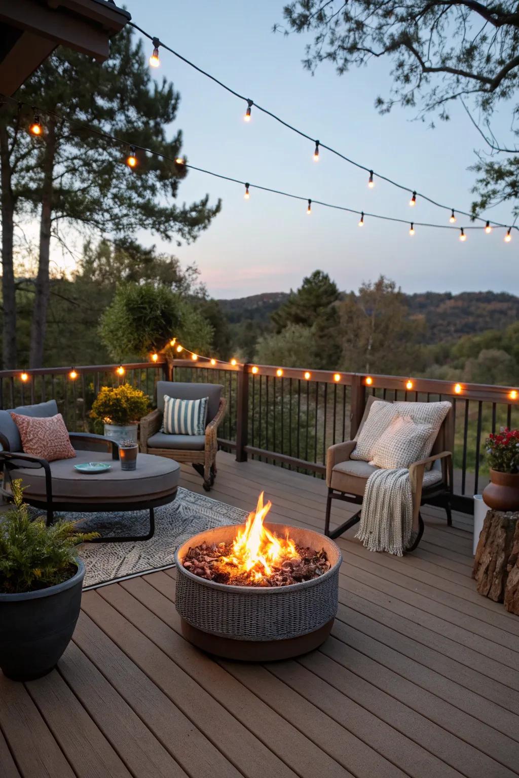 A deck exhibiting a burning pit for a warm and inviting atmosphere.