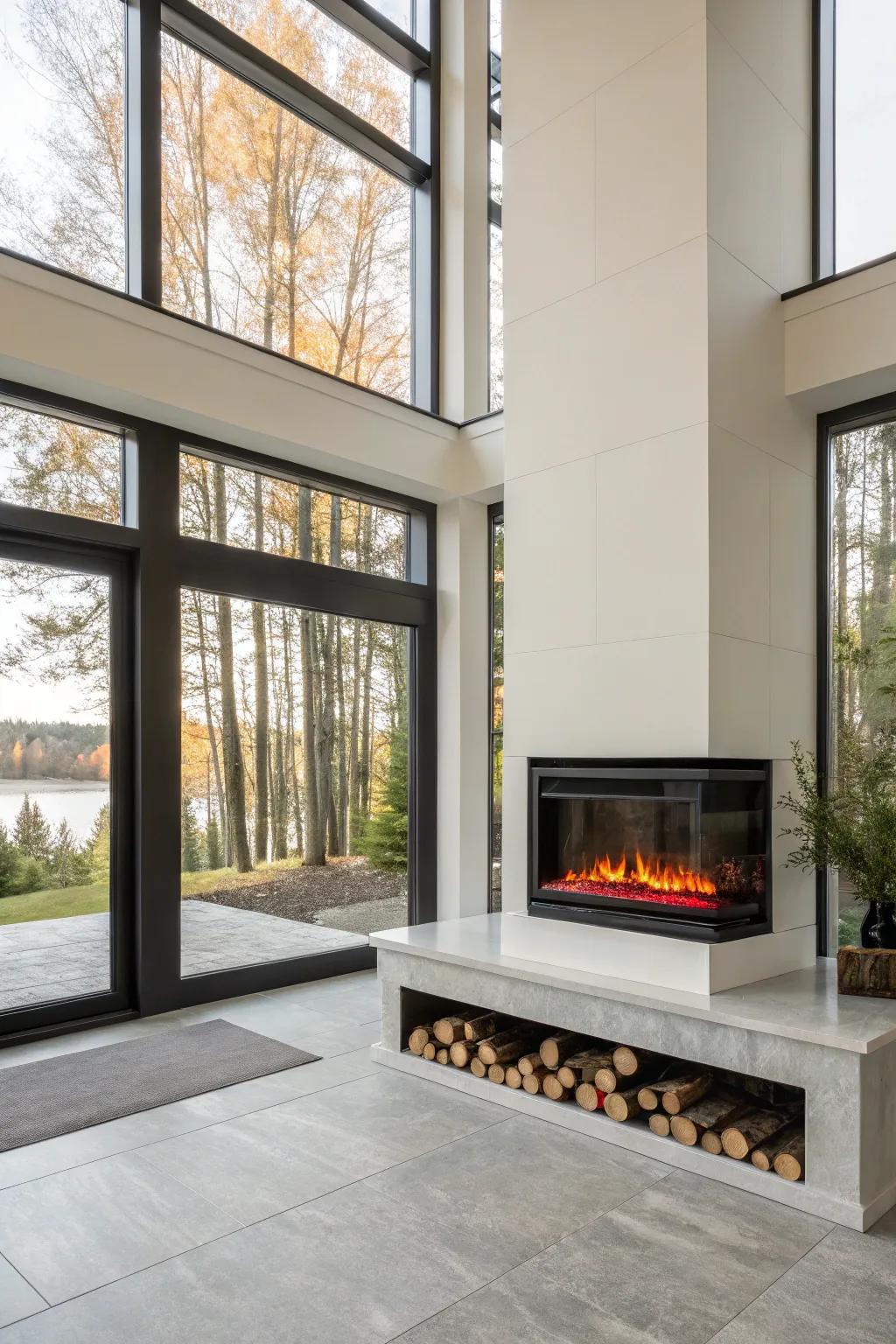 A modern house featuring an energy-efficient electric fireplace with sustainable design.